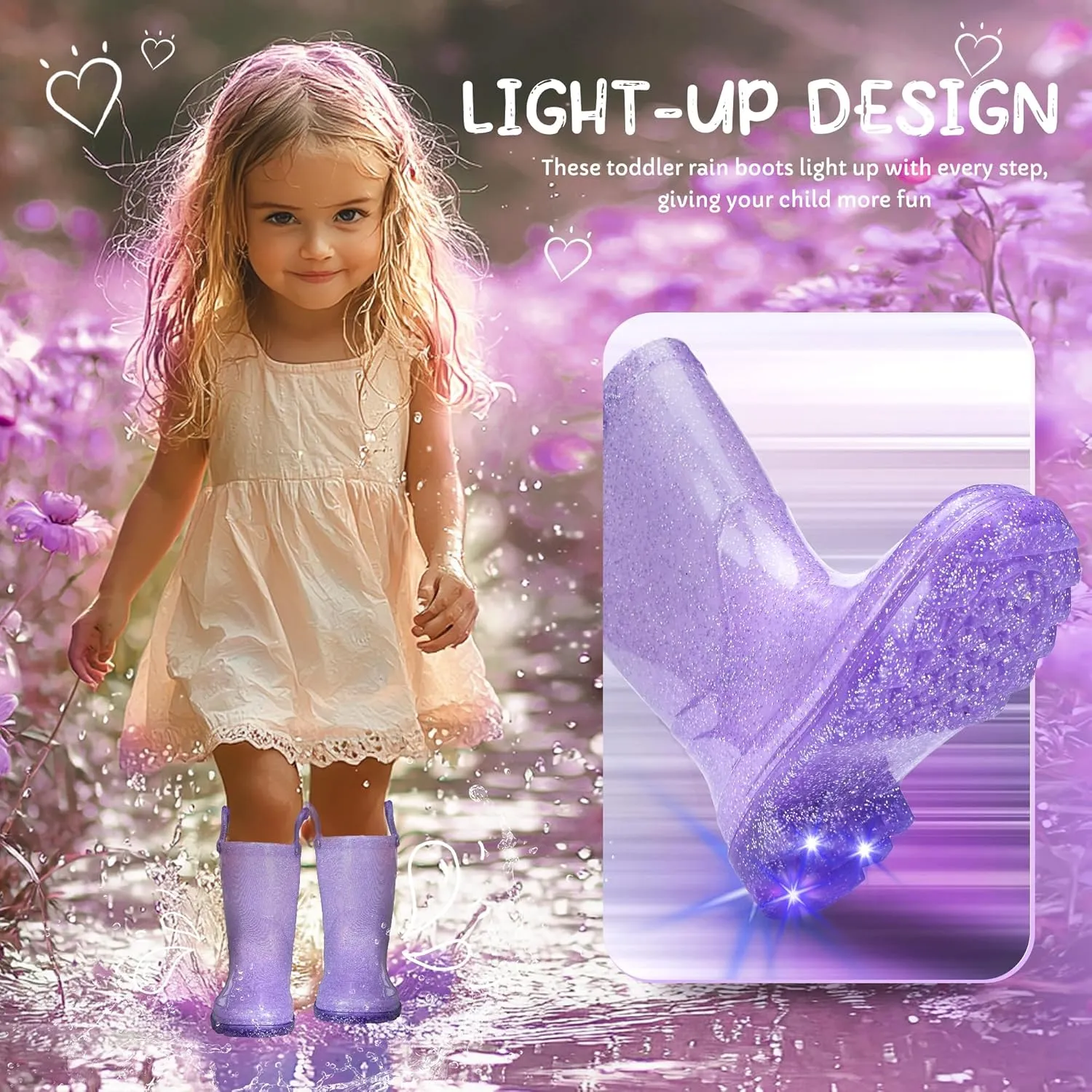 Toddler Rain Boots Girls Rain Boots - Glitter Light Up Kids Rain Boots with Easy-On Handles Lightwight Waterproof Rain Shoes(Toddler/Little/Big kids)
