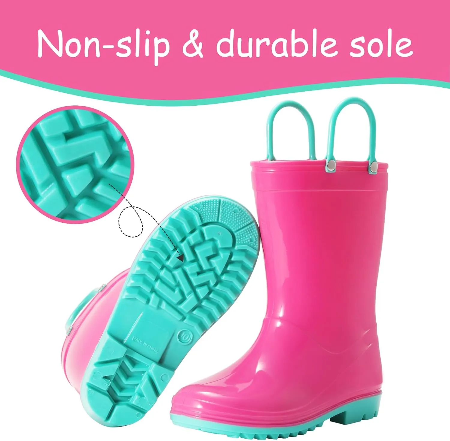 Toddler Rain Boots,Waterproof Kids Rain Boots with Easy-on Handles for Boys and Girls