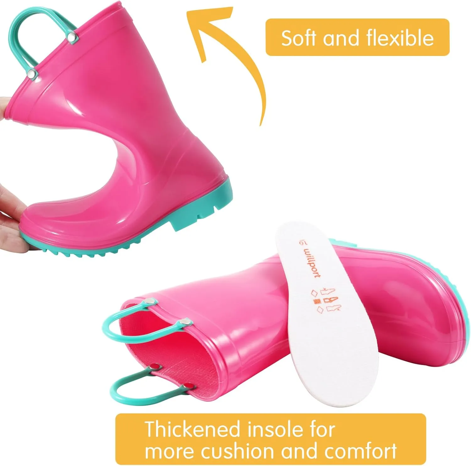 Toddler Rain Boots,Waterproof Kids Rain Boots with Easy-on Handles for Boys and Girls