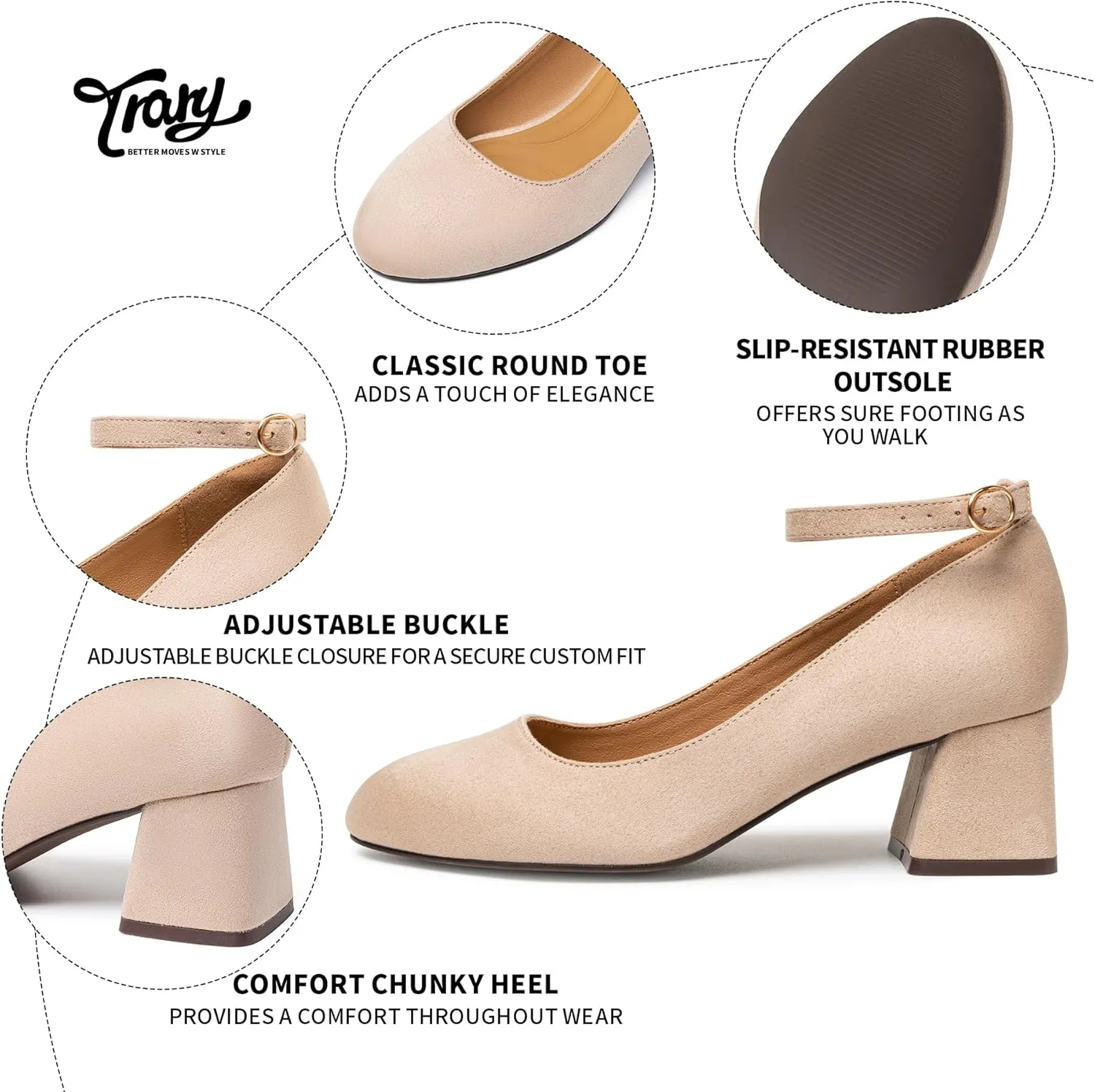 Trary Women's Chunky Low Heels Closed Round Toe Block Heels Mary Jane Shoes Adjustable Ankle Strap Pumps Comfortable Loafers Casual Dress Wedding Work Heels for Women