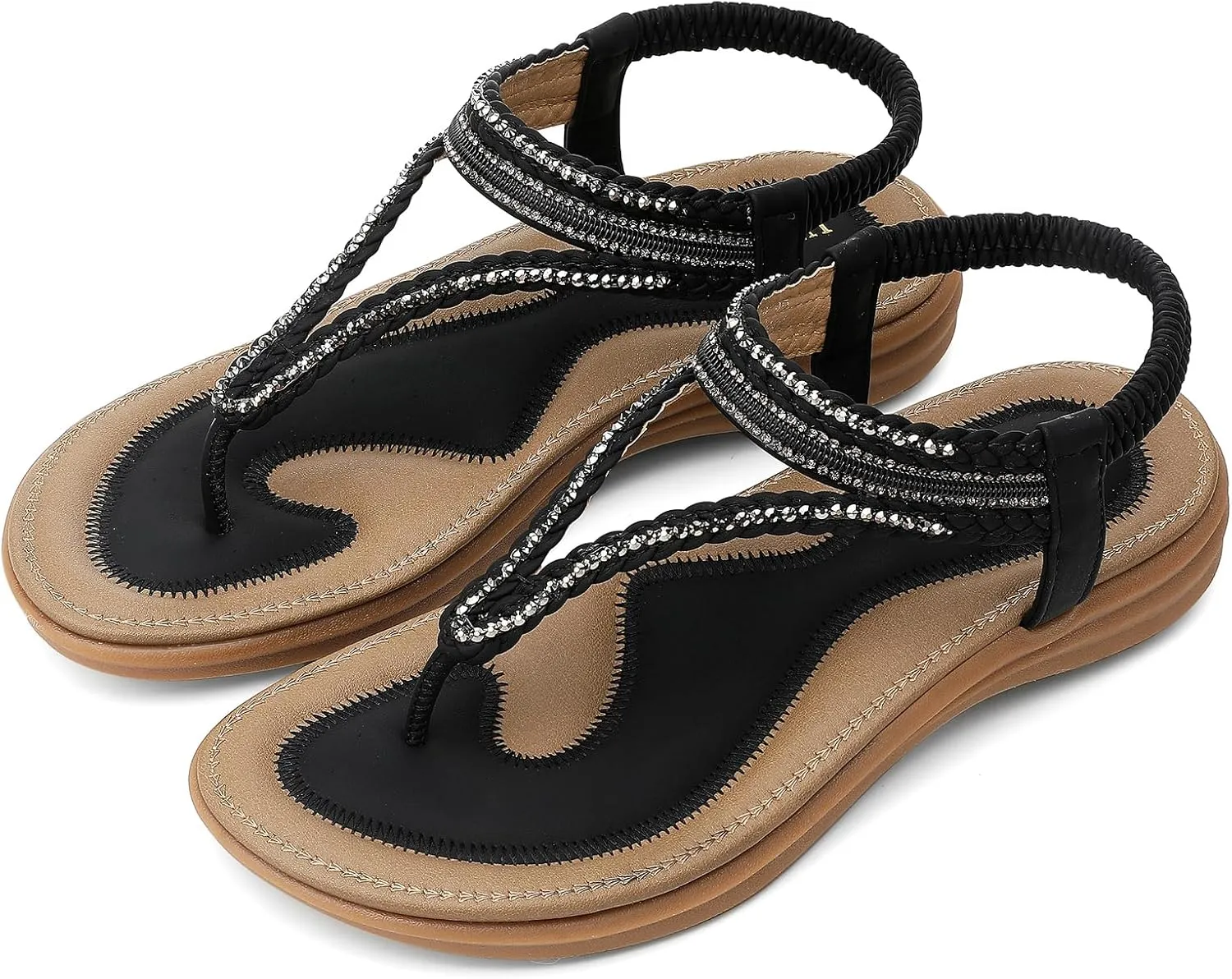 UBFEN Womens Bohemian Flat Sandals With Back Strap Summer Beach Comfortable Bling
