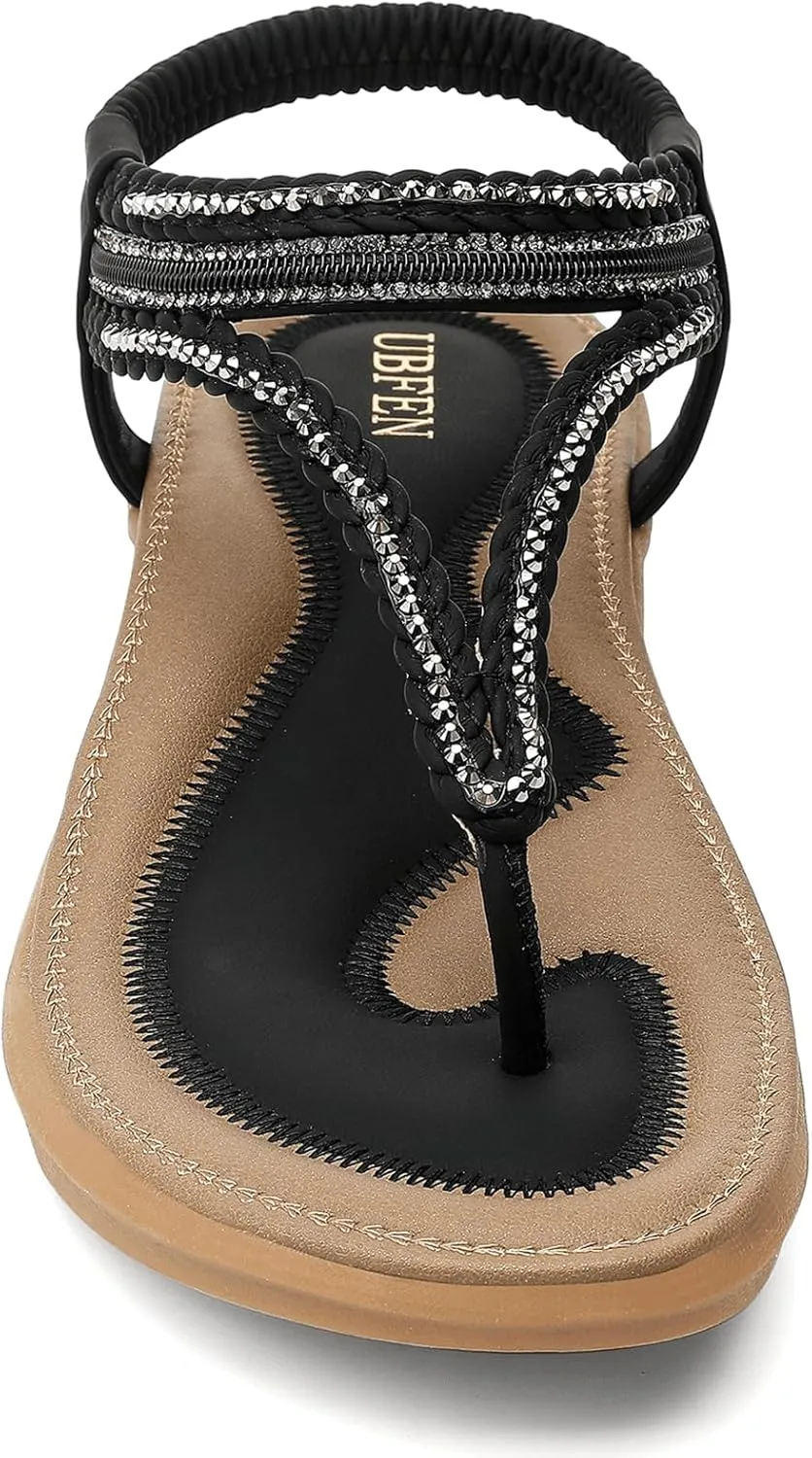 UBFEN Womens Bohemian Flat Sandals With Back Strap Summer Beach Comfortable Bling