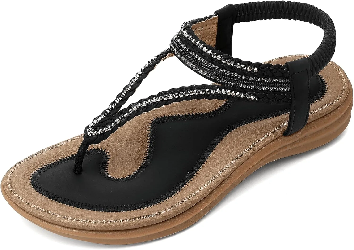 UBFEN Womens Bohemian Flat Sandals With Back Strap Summer Beach Comfortable Bling
