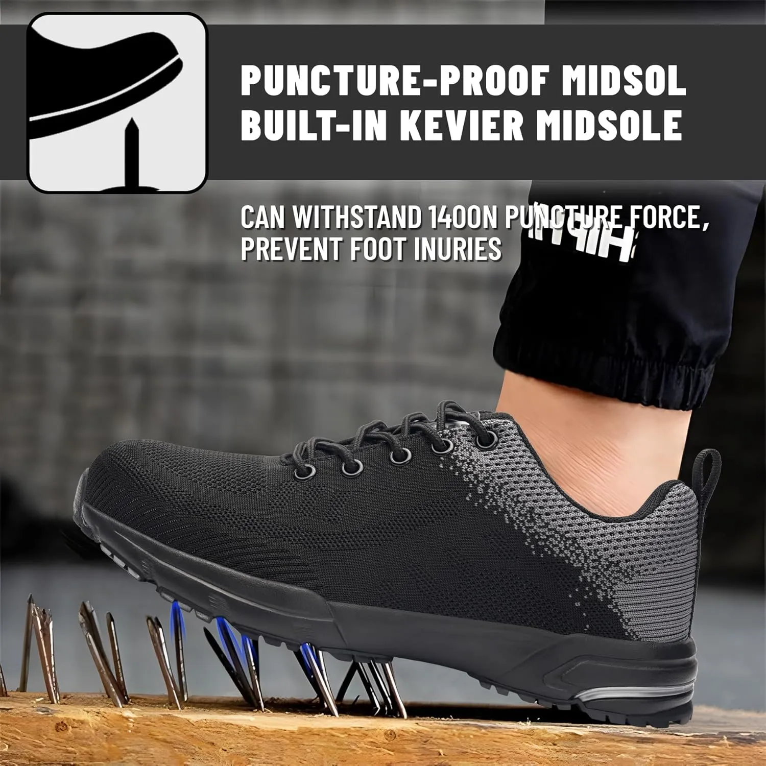 Unisex Adults Work Shoes - Black - All Seasons - Industrial & Construction - Lace-Up - Mesh - Moderate Cushioning - Hiking - Adults (Men & Women) Outdoor Enthusiasts & Athletes