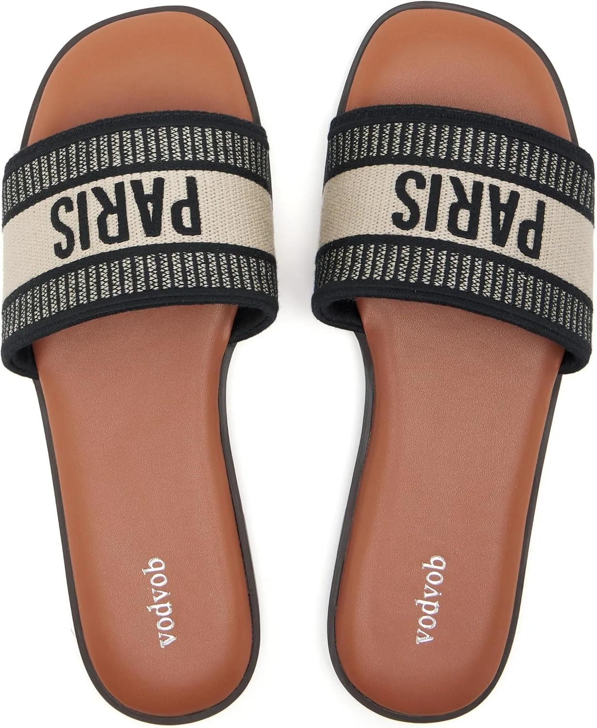 vodvob Women's Flat Sandals Embroidered Square Open Toe Slip On Slides Fashion Slippers for Summer Casual Beach Slide Sandals