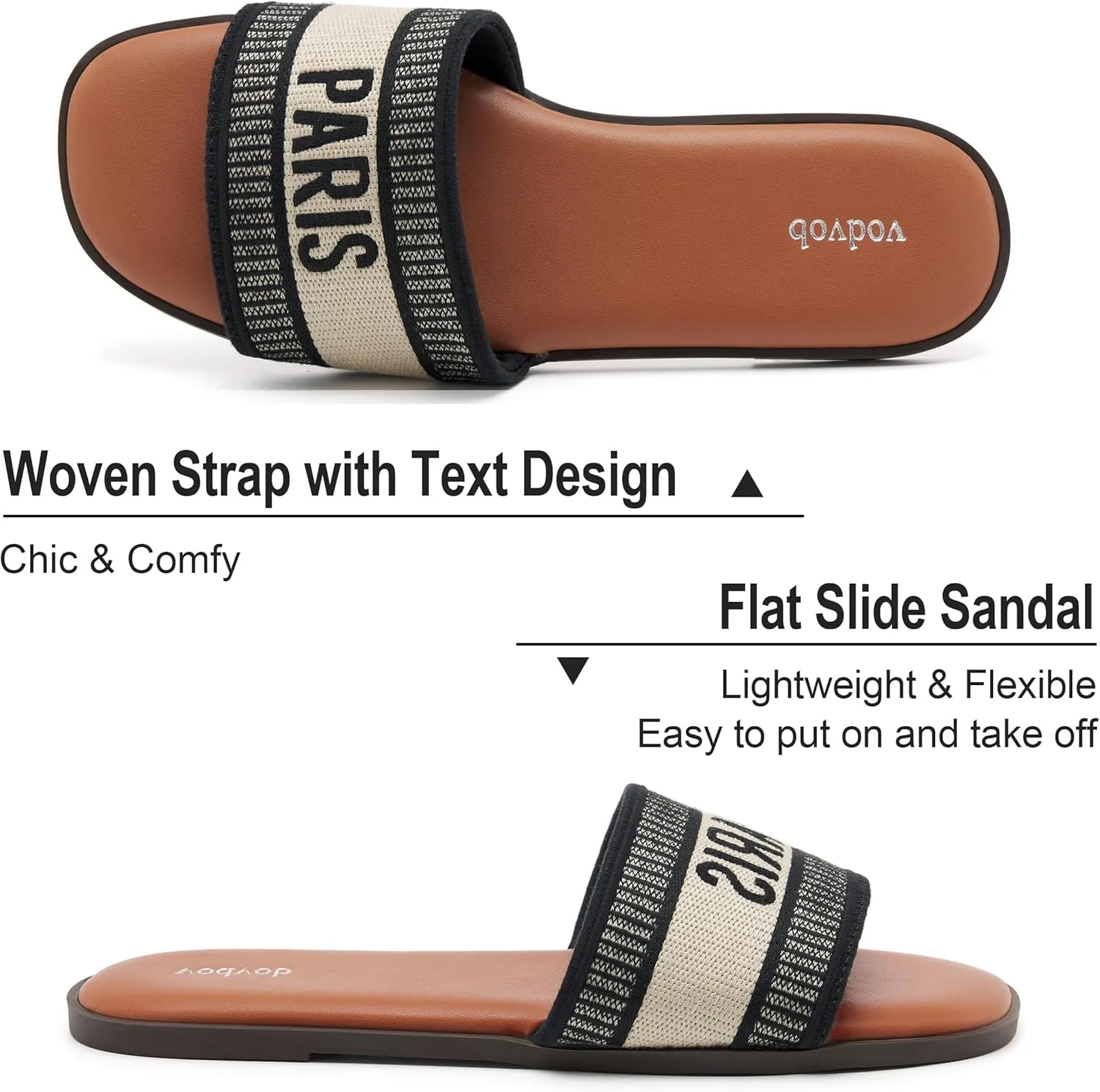 vodvob Women's Flat Sandals Embroidered Square Open Toe Slip On Slides Fashion Slippers for Summer Casual Beach Slide Sandals
