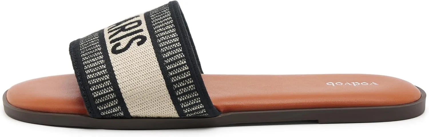 vodvob Women's Flat Sandals Embroidered Square Open Toe Slip On Slides Fashion Slippers for Summer Casual Beach Slide Sandals