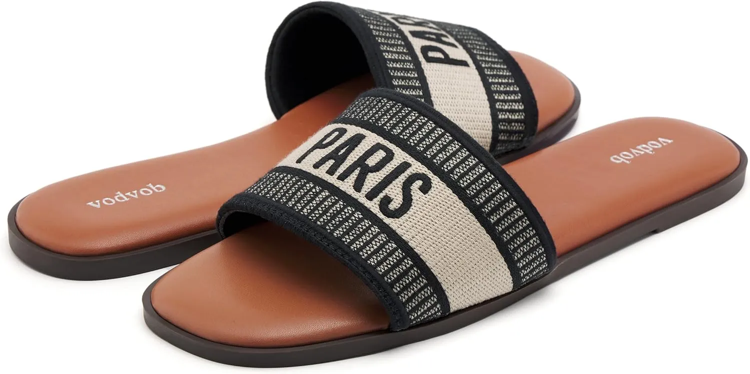 vodvob Women's Flat Sandals Embroidered Square Open Toe Slip On Slides Fashion Slippers for Summer Casual Beach Slide Sandals