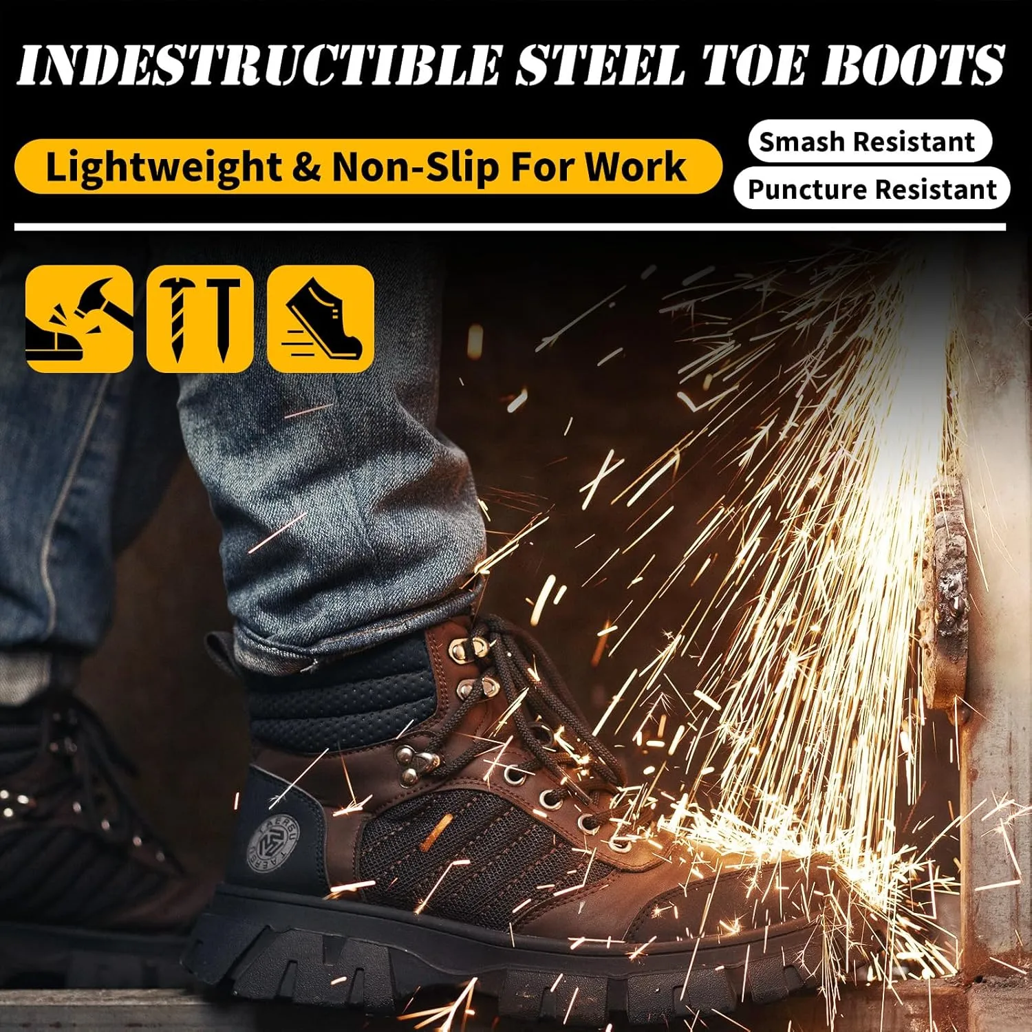 Waterproof Steel Toe Boots For Men-6 Inch Comfortable Mens Safety Work Boots Indestructible Steel Toe Shoes Lightweight Non Slip Puncture Resistant Industrial Construction Boot