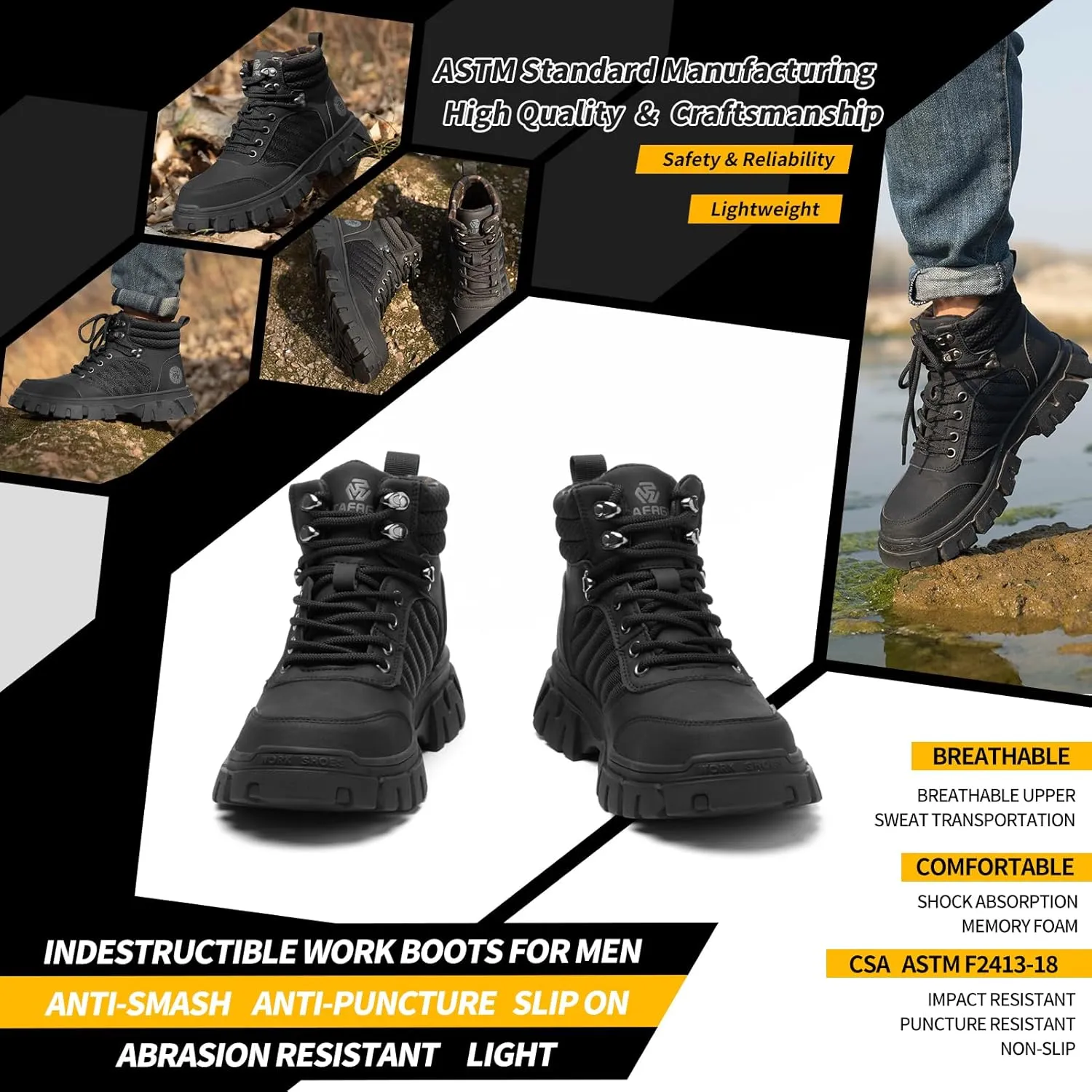Waterproof Steel Toe Boots For Men-6 Inch Comfortable Mens Safety Work Boots Indestructible Steel Toe Shoes Lightweight Non Slip Puncture Resistant Industrial Construction Boot