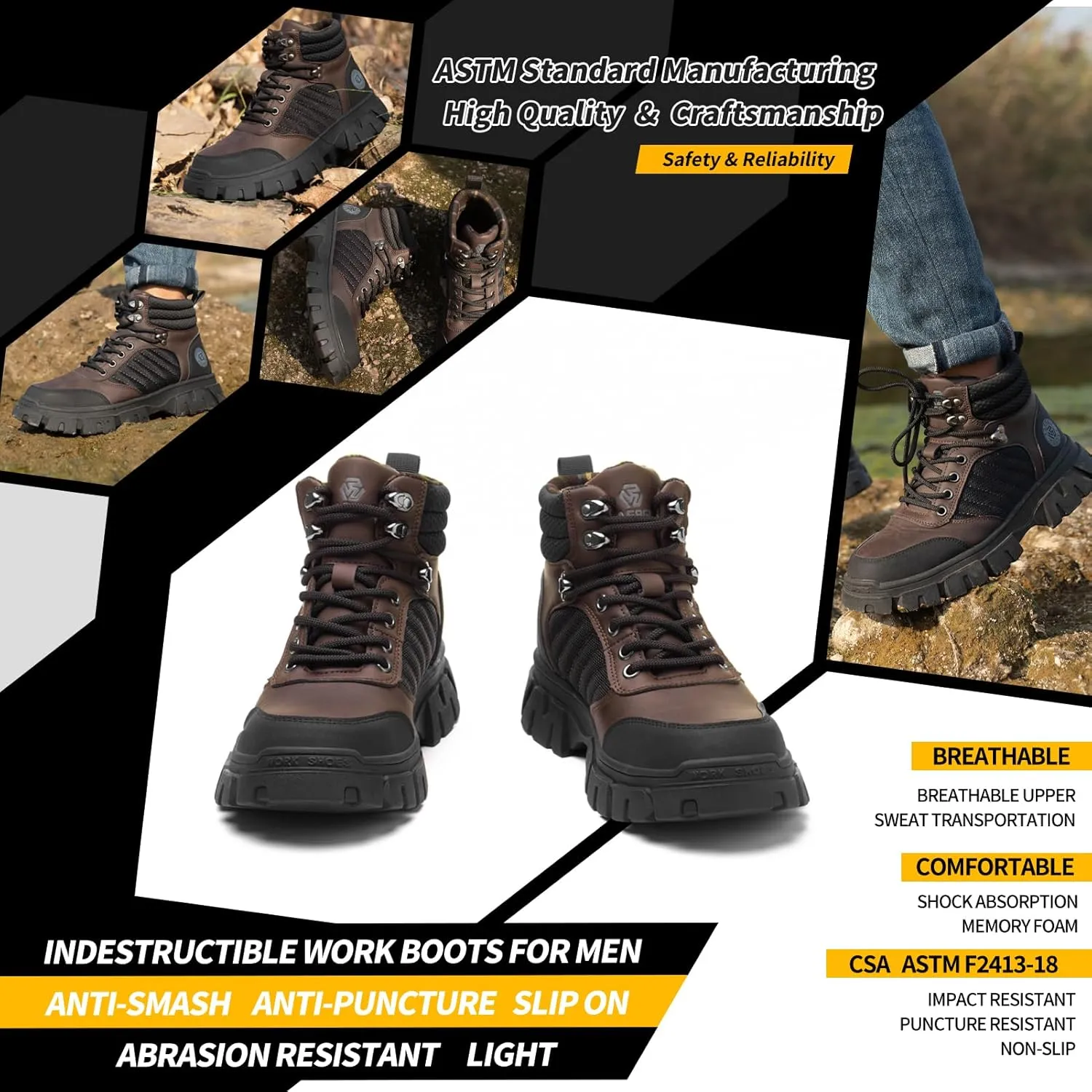 Waterproof Steel Toe Boots For Men-6 Inch Comfortable Mens Safety Work Boots Indestructible Steel Toe Shoes Lightweight Non Slip Puncture Resistant Industrial Construction Boot