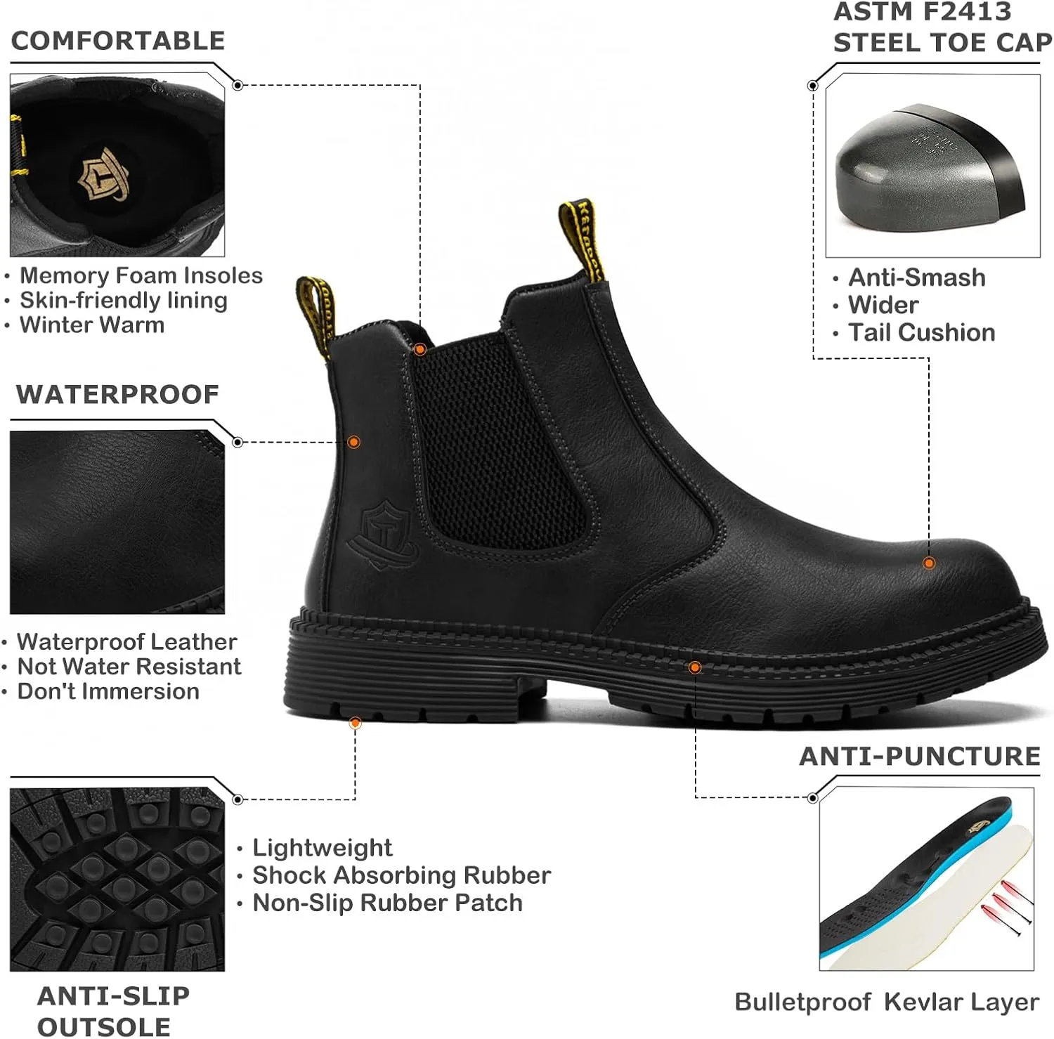 Waterproof Steel Toe Boots For Men-6 Inch Leather Slip On Safety Work Boots Mens Steel Toe Shoes Indestructible Non Slip Resistant Ankle Industrial Construction Boot