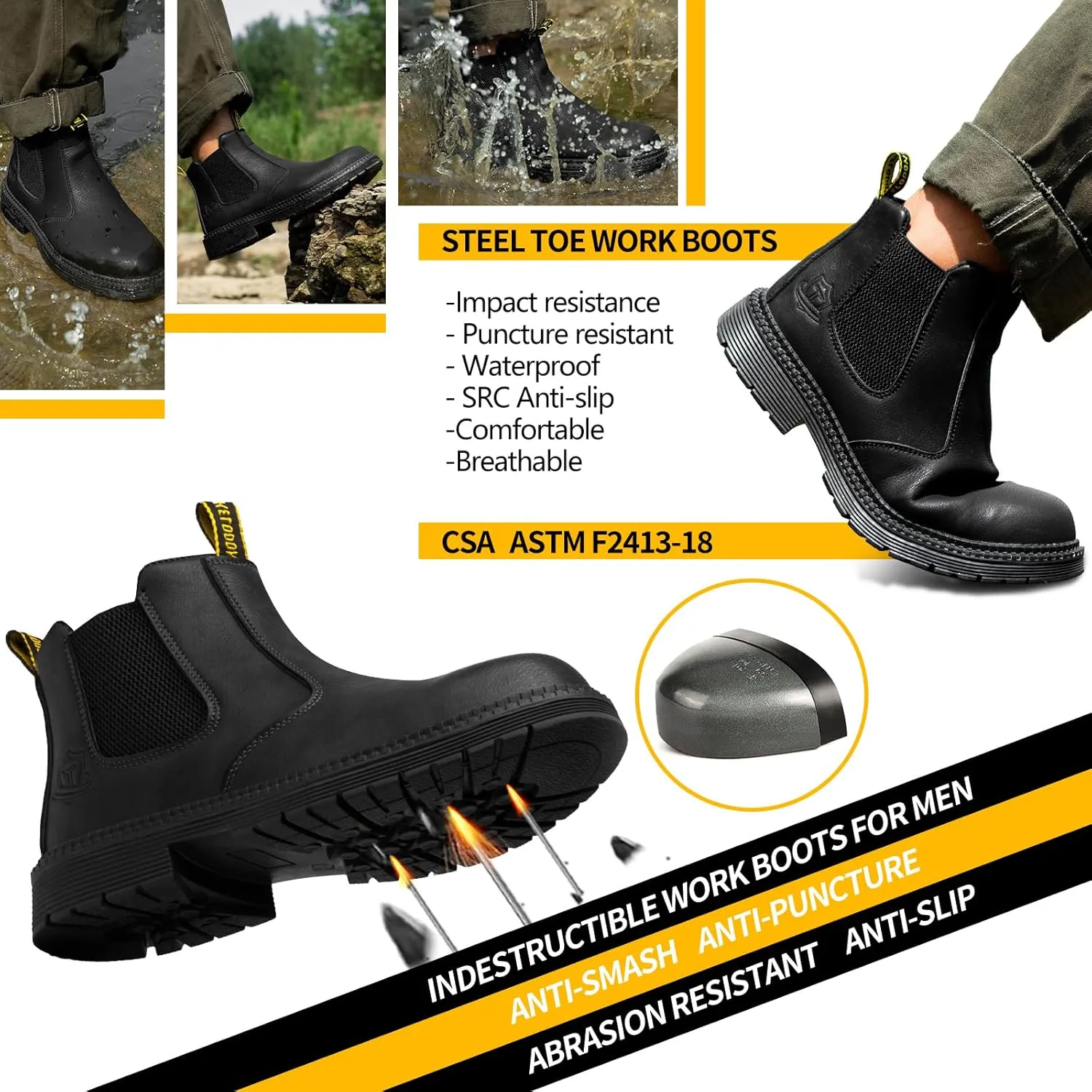 Waterproof Steel Toe Boots For Men-6 Inch Leather Slip On Safety Work Boots Mens Steel Toe Shoes Indestructible Non Slip Resistant Ankle Industrial Construction Boot