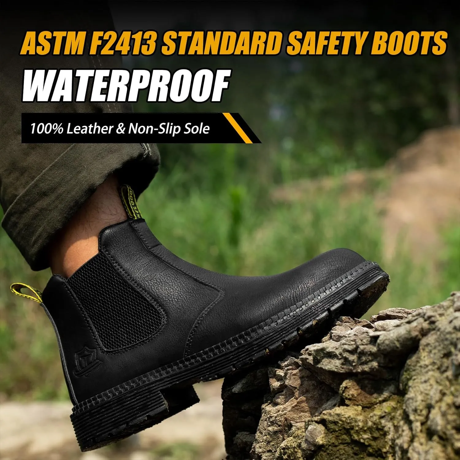 Waterproof Steel Toe Boots For Men-6 Inch Leather Slip On Safety Work Boots Mens Steel Toe Shoes Indestructible Non Slip Resistant Ankle Industrial Construction Boot