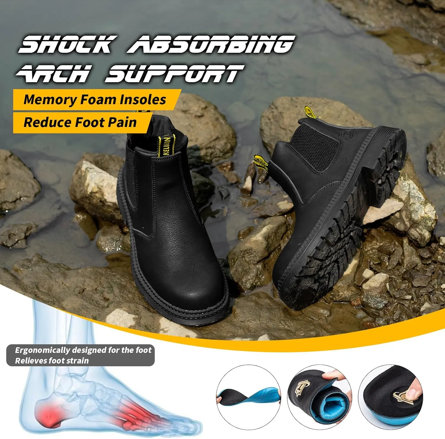 Waterproof Steel Toe Boots For Men-6 Inch Leather Slip On Safety Work Boots Mens Steel Toe Shoes Indestructible Non Slip Resistant Ankle Industrial Construction Boot