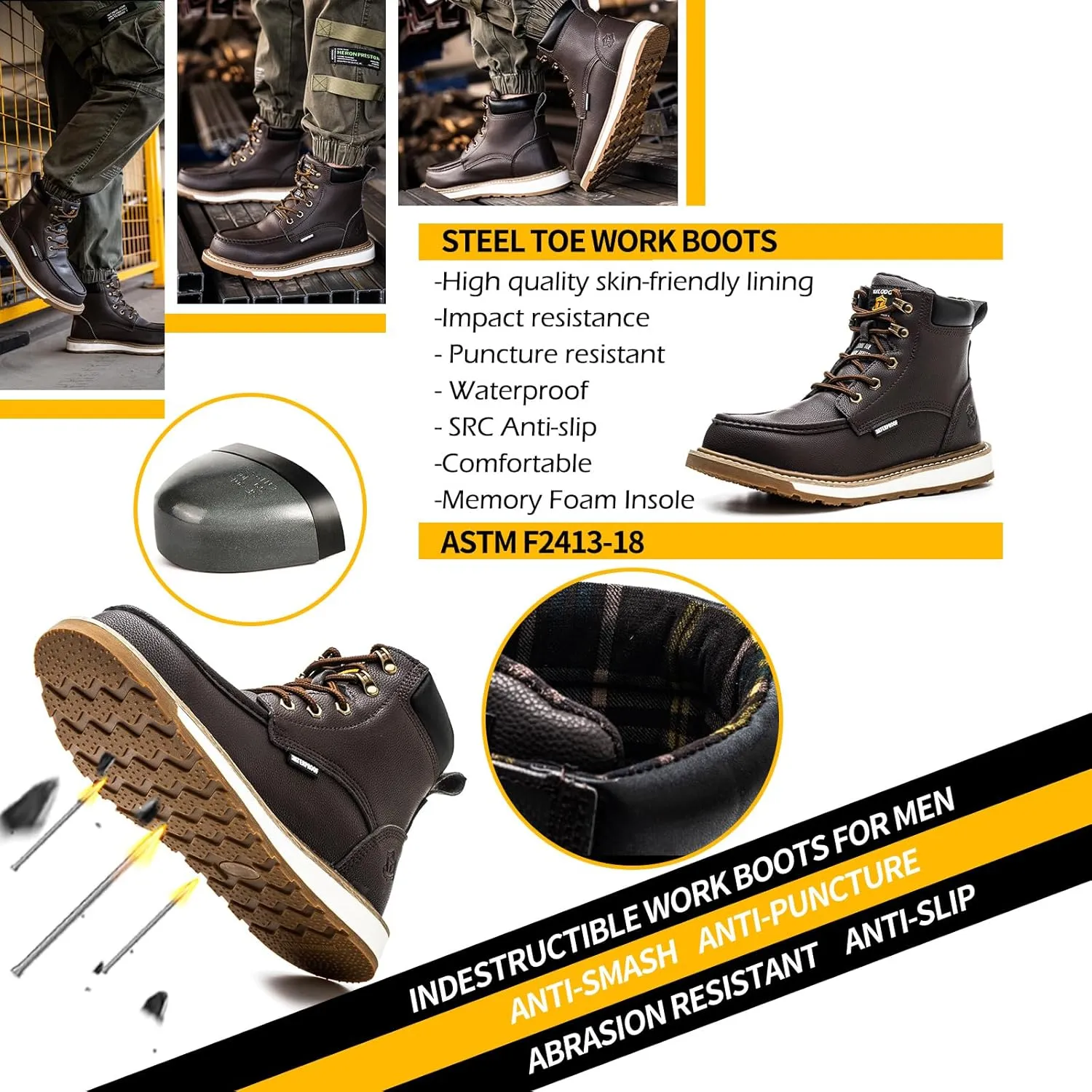 Waterproof Steel Toe Boots For Men-6" Leather Moc Toe Work Boots Mens Steel Toe Shoes Indestructible Non Slip Resistant Construction Safety Boot