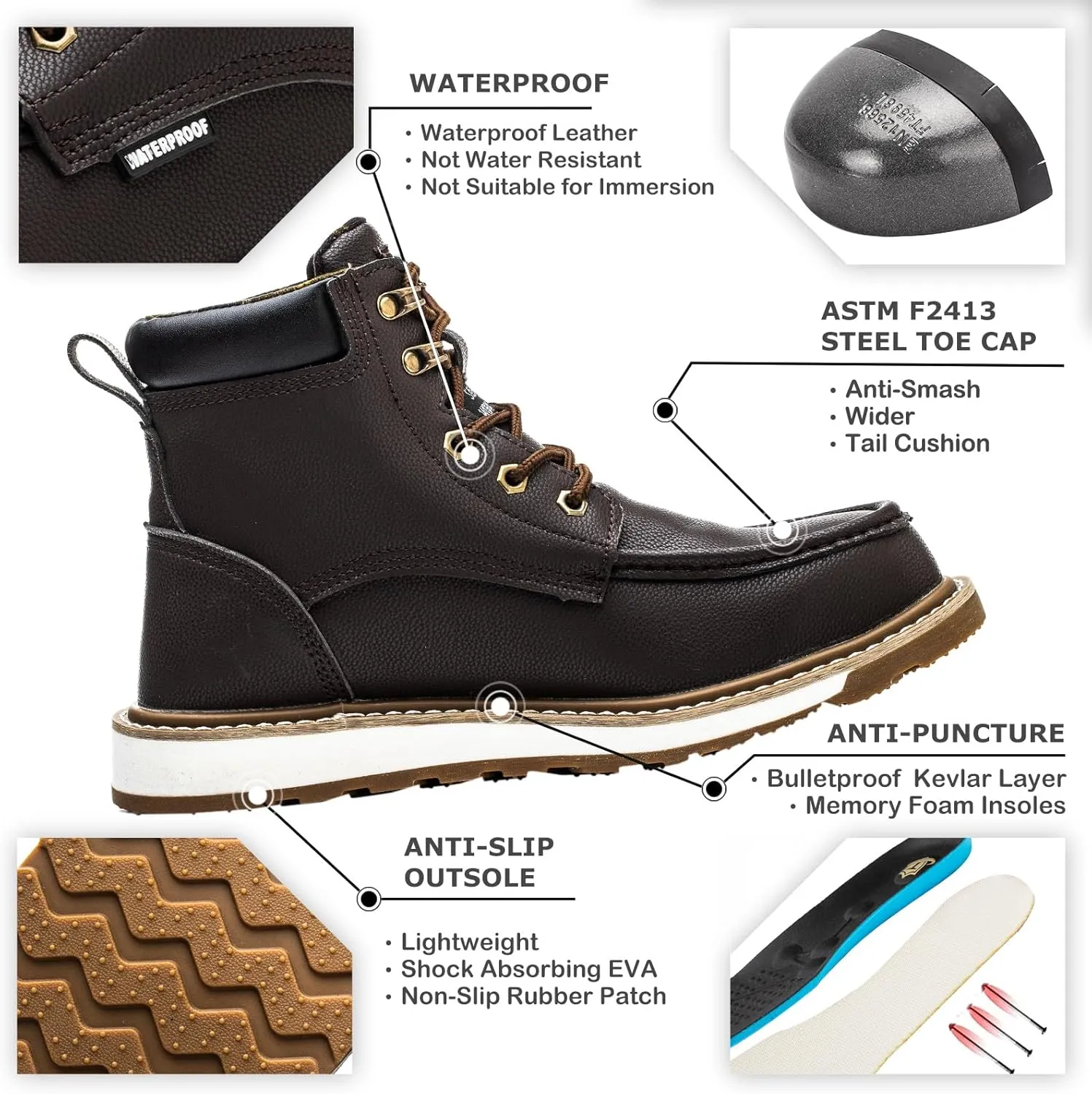 Waterproof Steel Toe Boots For Men-6" Leather Moc Toe Work Boots Mens Steel Toe Shoes Indestructible Non Slip Resistant Construction Safety Boot