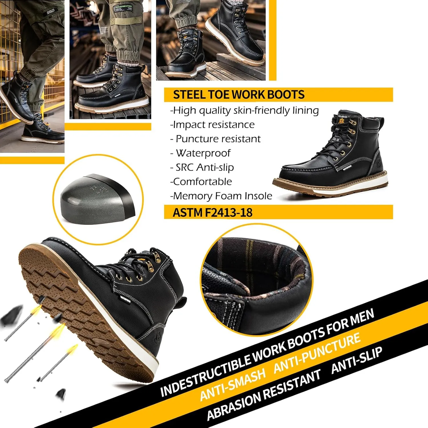 Waterproof Steel Toe Boots For Men-6" Leather Moc Toe Work Boots Mens Steel Toe Shoes Indestructible Non Slip Resistant Construction Safety Boot