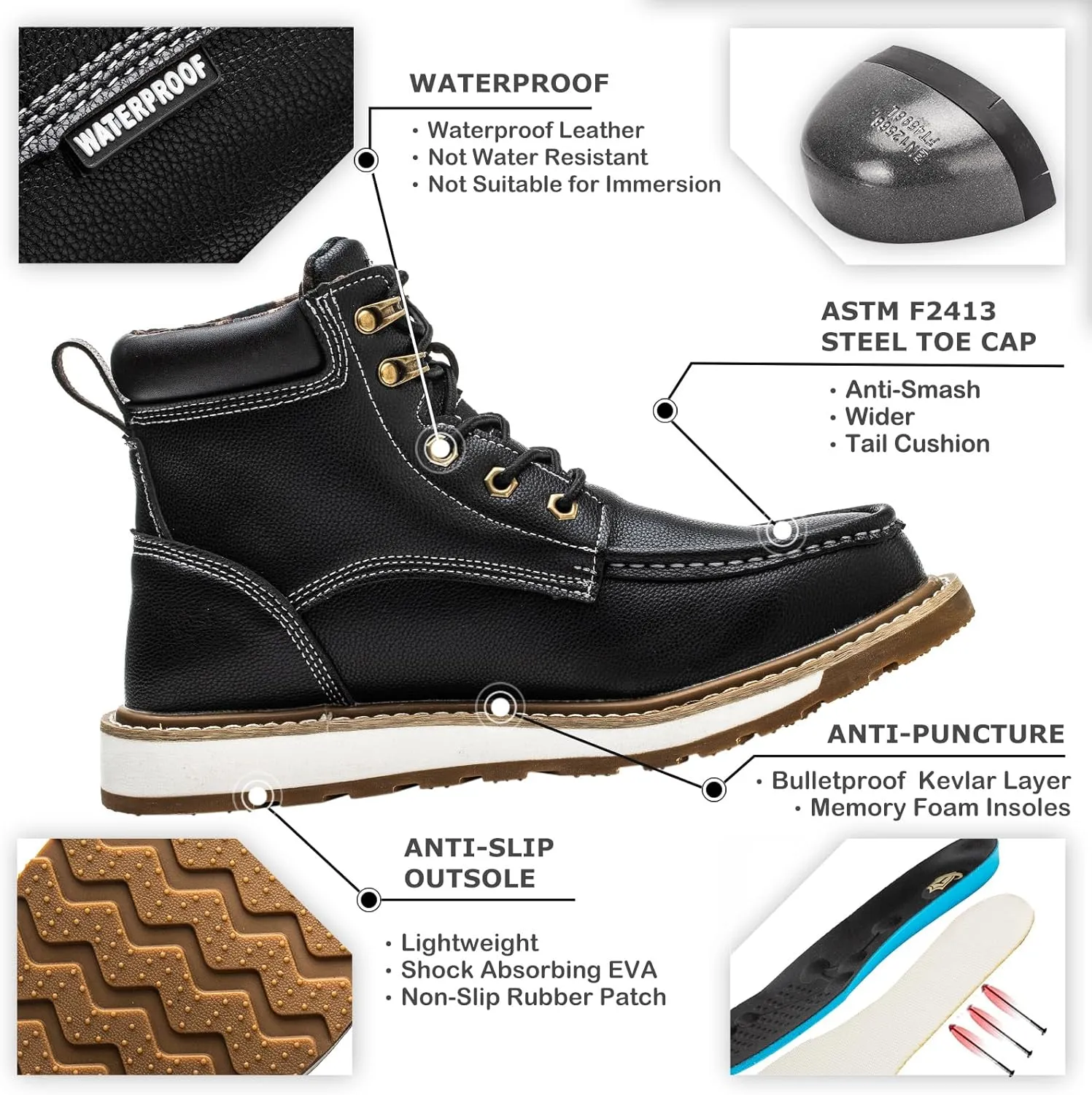 Waterproof Steel Toe Boots For Men-6" Leather Moc Toe Work Boots Mens Steel Toe Shoes Indestructible Non Slip Resistant Construction Safety Boot
