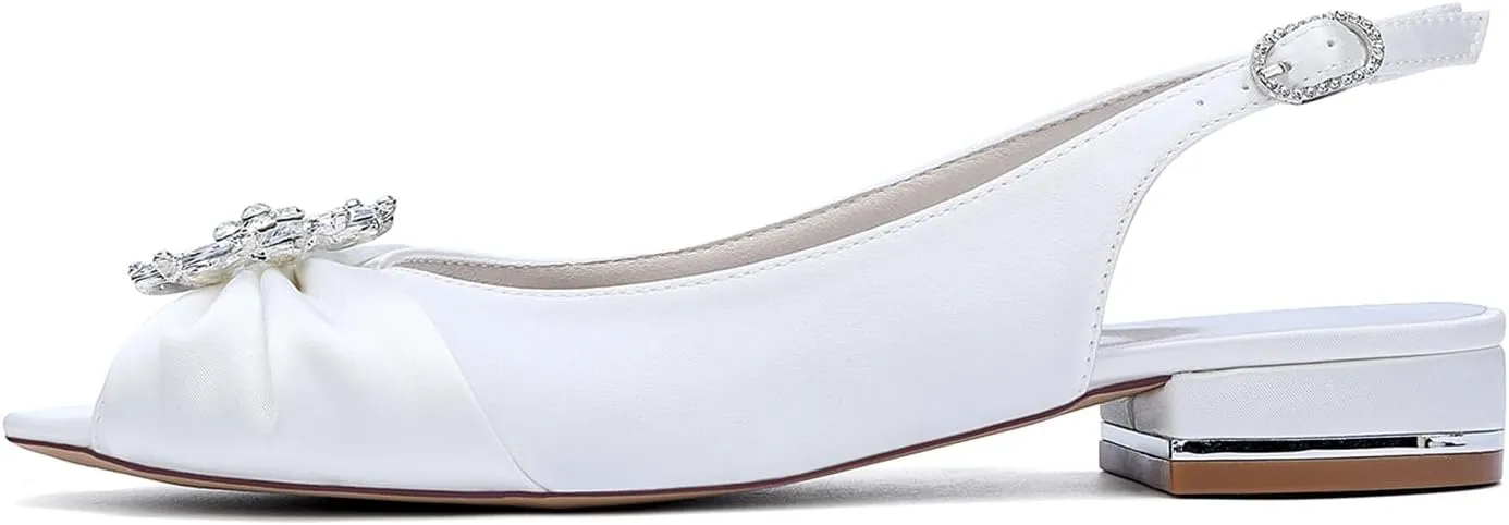Wedding Dress Shoes Womens Slip on Low Heel Peep Toe Slingback Bridal Shoes Satin Flat Rhinestones Sandals with Pleated Evenging Party Work