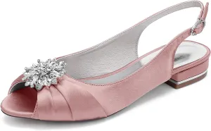 Wedding Dress Shoes Womens Slip on Low Heel Peep Toe Slingback Bridal Shoes Satin Flat Rhinestones Sandals with Pleated Evenging Party Work