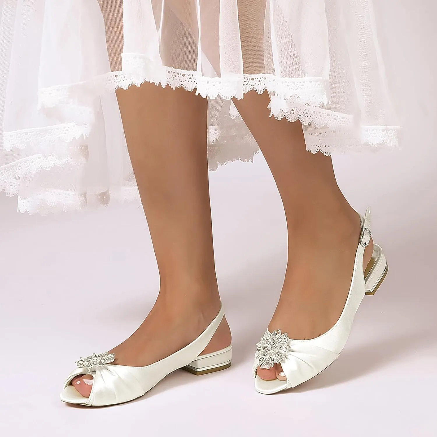 Wedding Dress Shoes Womens Slip on Low Heel Peep Toe Slingback Bridal Shoes Satin Flat Rhinestones Sandals with Pleated Evenging Party Work