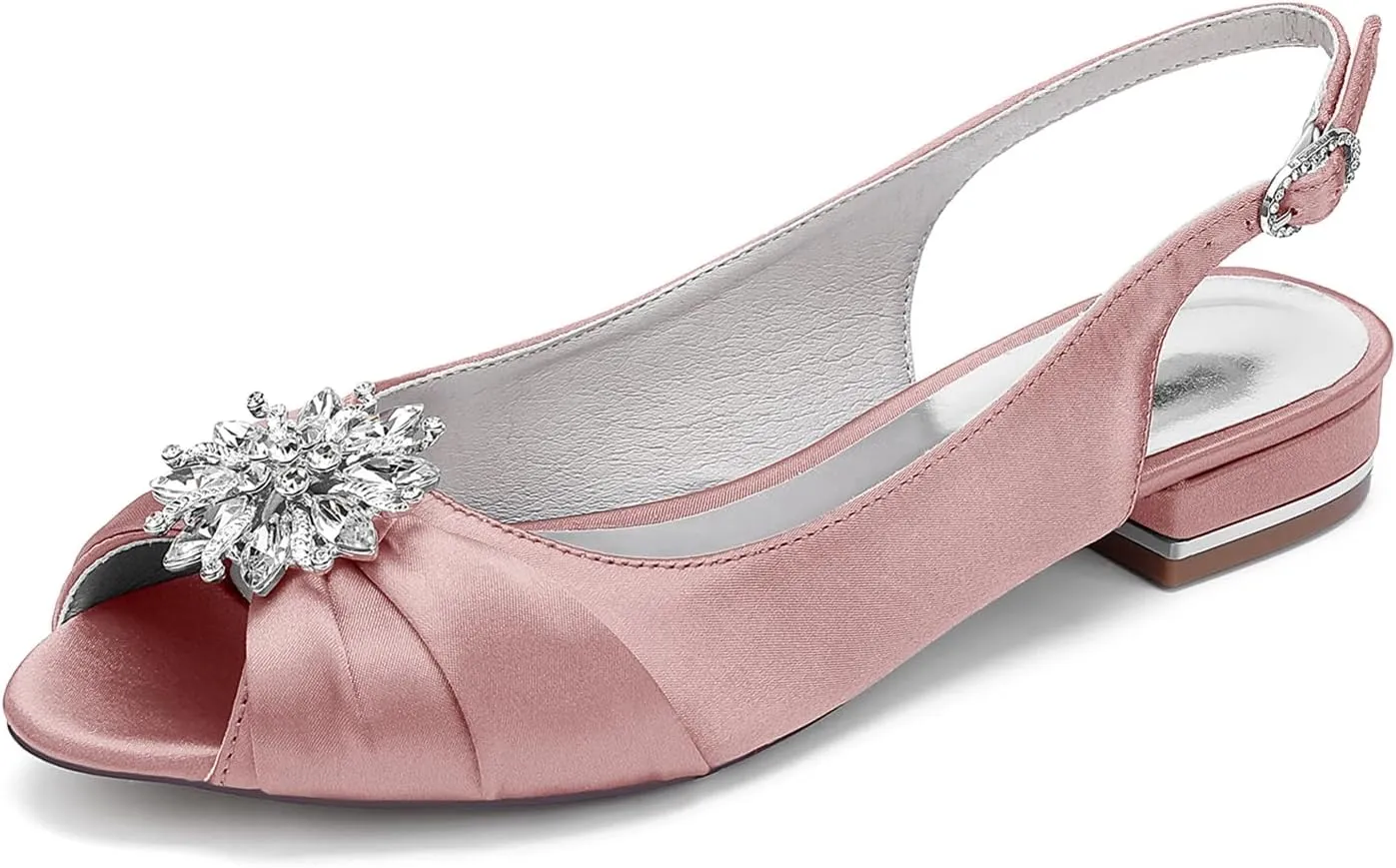 Wedding Dress Shoes Womens Slip on Low Heel Peep Toe Slingback Bridal Shoes Satin Flat Rhinestones Sandals with Pleated Evenging Party Work