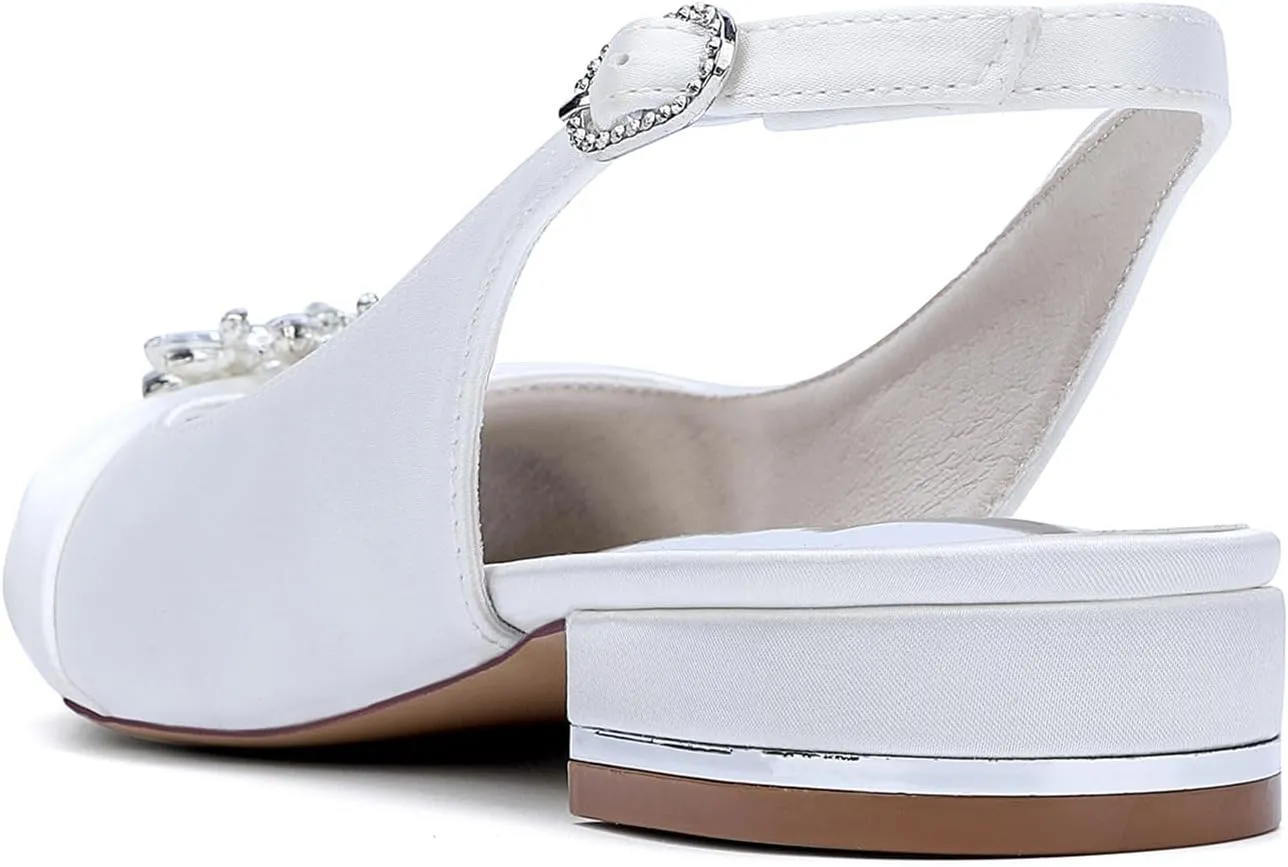 Wedding Dress Shoes Womens Slip on Low Heel Peep Toe Slingback Bridal Shoes Satin Flat Rhinestones Sandals with Pleated Evenging Party Work