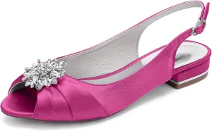 Wedding Dress Shoes Womens Slip on Low Heel Peep Toe Slingback Bridal Shoes Satin Flat Rhinestones Sandals with Pleated Evenging Party Work