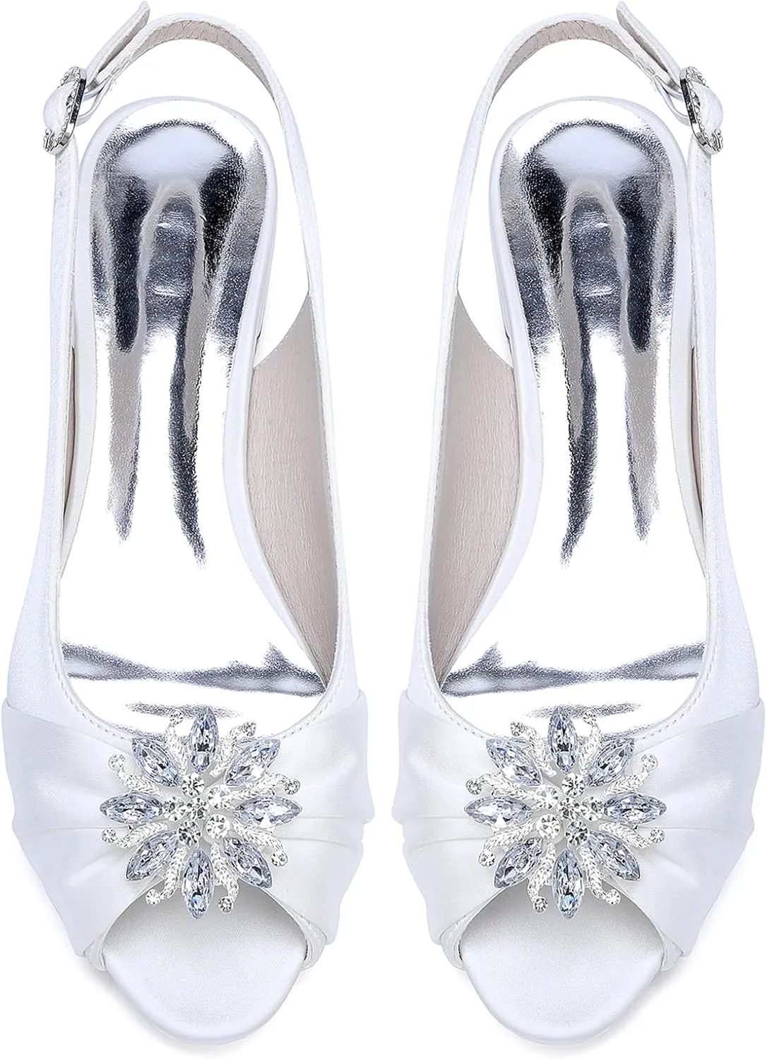 Wedding Dress Shoes Womens Slip on Low Heel Peep Toe Slingback Bridal Shoes Satin Flat Rhinestones Sandals with Pleated Evenging Party Work