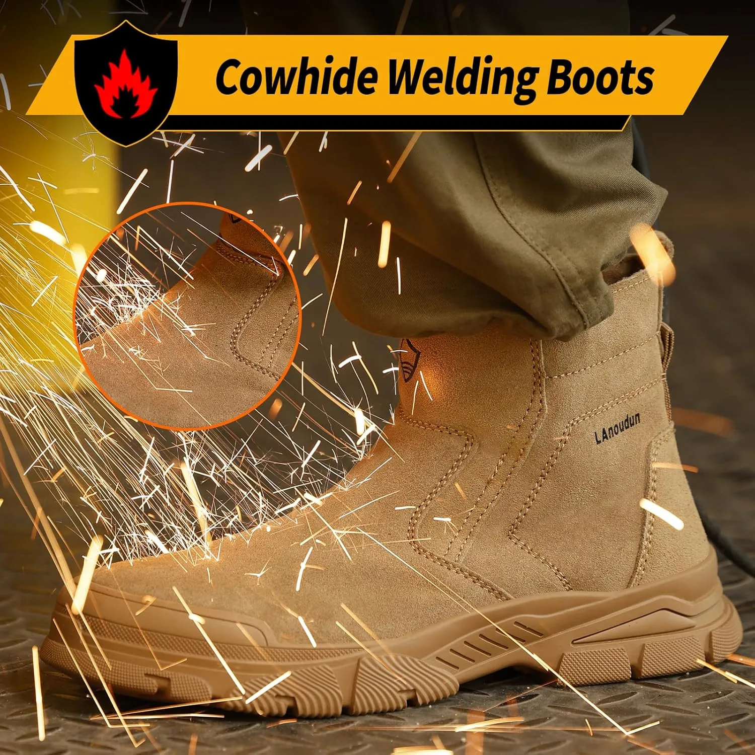 Welding Work Boots for Men Slip on Steel Toe Boots for Men Brown Safety Boots High Top Steel Toe Shoes for Men Rubber Sole Mens Work Shoes Zipper Botas de Trabajo Para Hombre