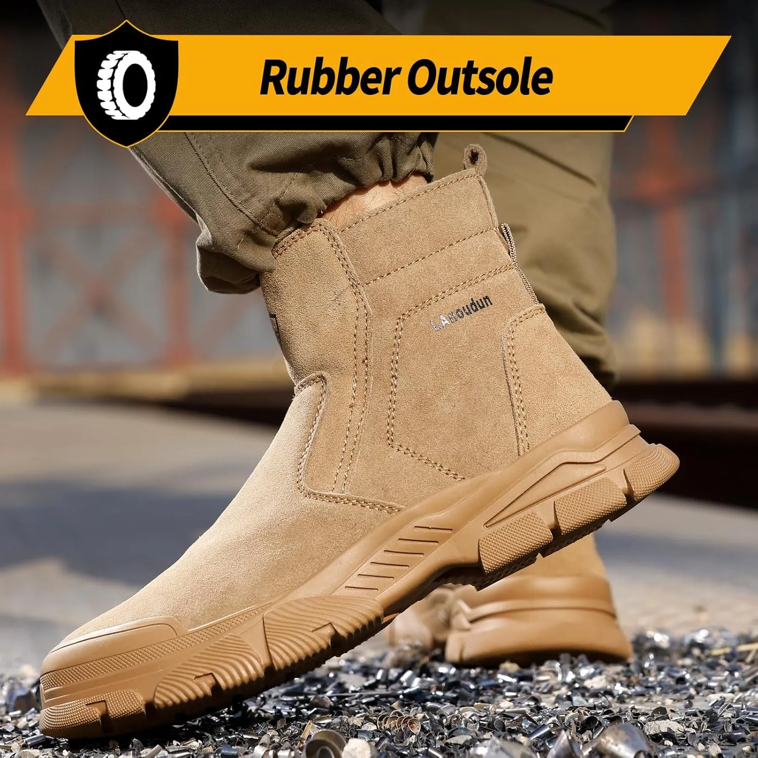 Welding Work Boots for Men Slip on Steel Toe Boots for Men Brown Safety Boots High Top Steel Toe Shoes for Men Rubber Sole Mens Work Shoes Zipper Botas de Trabajo Para Hombre