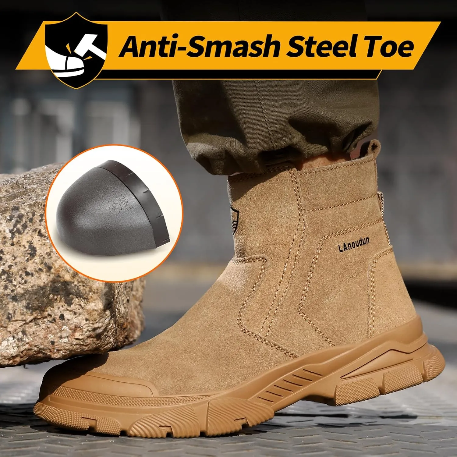 Welding Work Boots for Men Slip on Steel Toe Boots for Men Brown Safety Boots High Top Steel Toe Shoes for Men Rubber Sole Mens Work Shoes Zipper Botas de Trabajo Para Hombre