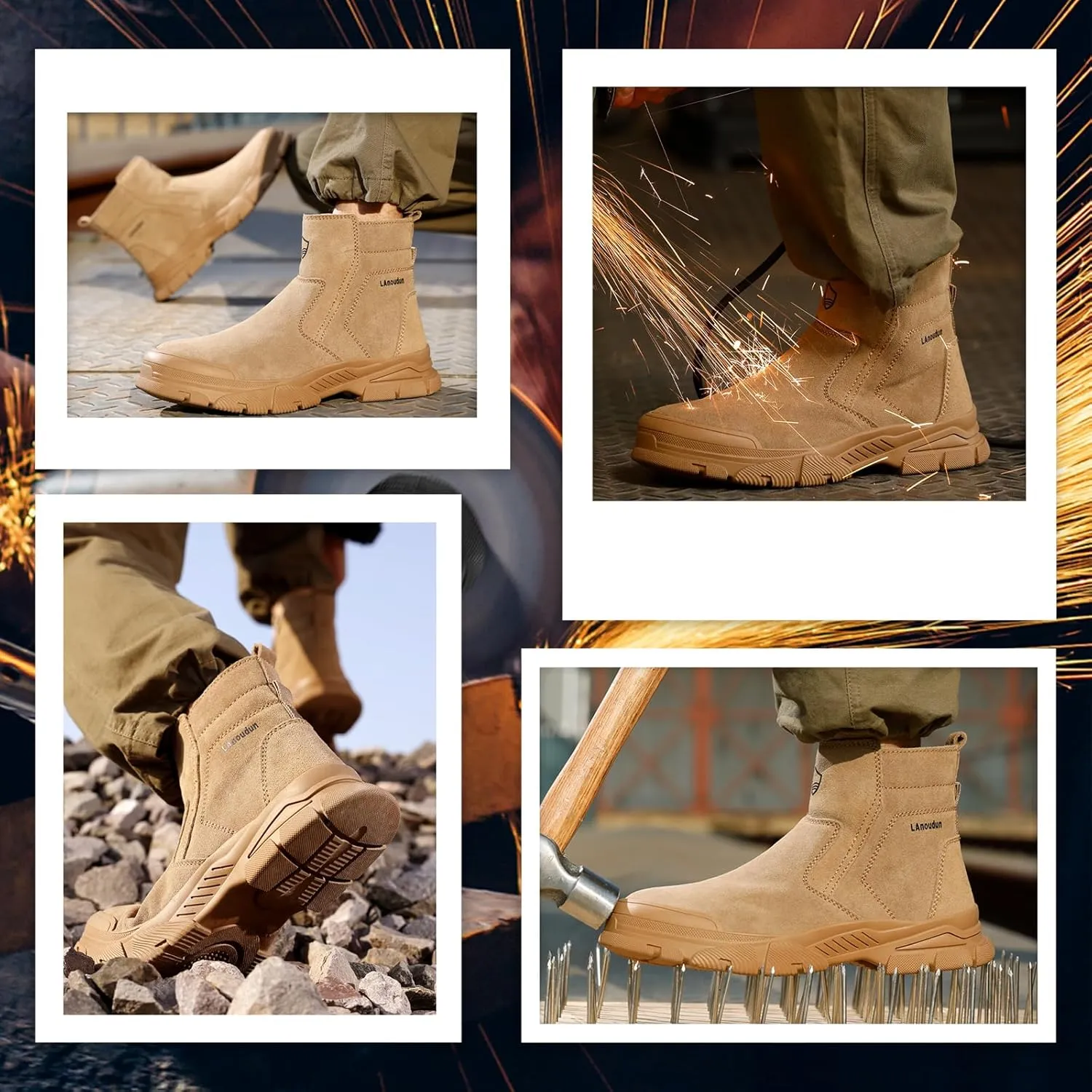 Welding Work Boots for Men Slip on Steel Toe Boots for Men Brown Safety Boots High Top Steel Toe Shoes for Men Rubber Sole Mens Work Shoes Zipper Botas de Trabajo Para Hombre