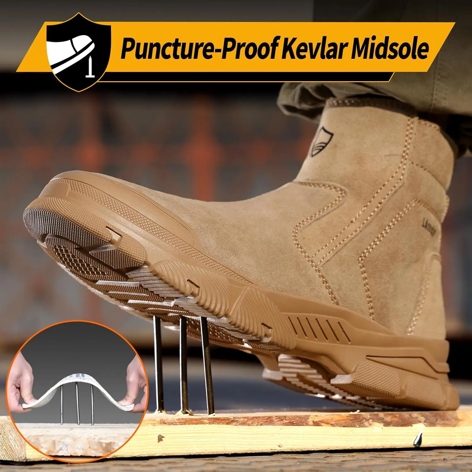 Welding Work Boots for Men Slip on Steel Toe Boots for Men Brown Safety Boots High Top Steel Toe Shoes for Men Rubber Sole Mens Work Shoes Zipper Botas de Trabajo Para Hombre