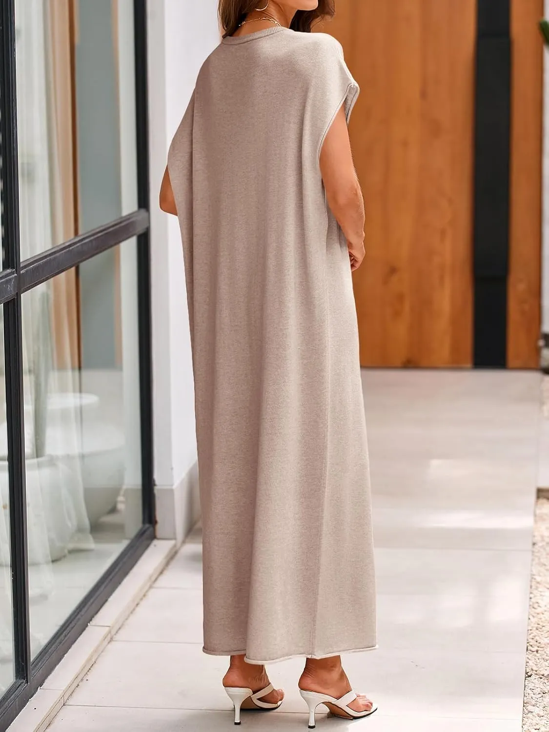 Wenrine Womens Casual Short Sleeve Dress Summer Oversized Crewneck Loose Fit Knit Maxi Dresses