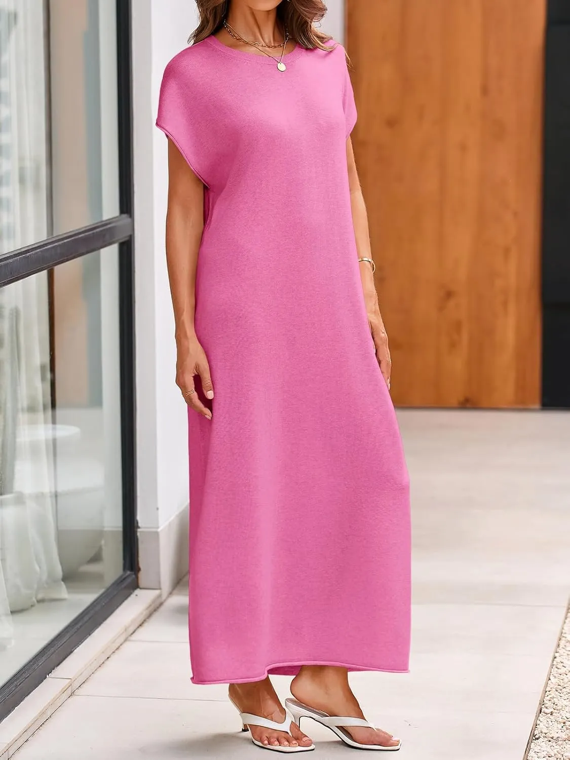 Wenrine Womens Casual Short Sleeve Dress Summer Oversized Crewneck Loose Fit Knit Maxi Dresses