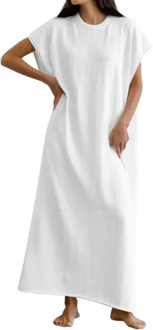 Wenrine Womens Casual Short Sleeve Dress Summer Oversized Crewneck Loose Fit Knit Maxi Dresses