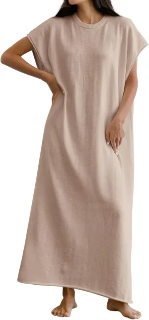 Wenrine Womens Casual Short Sleeve Dress Summer Oversized Crewneck Loose Fit Knit Maxi Dresses