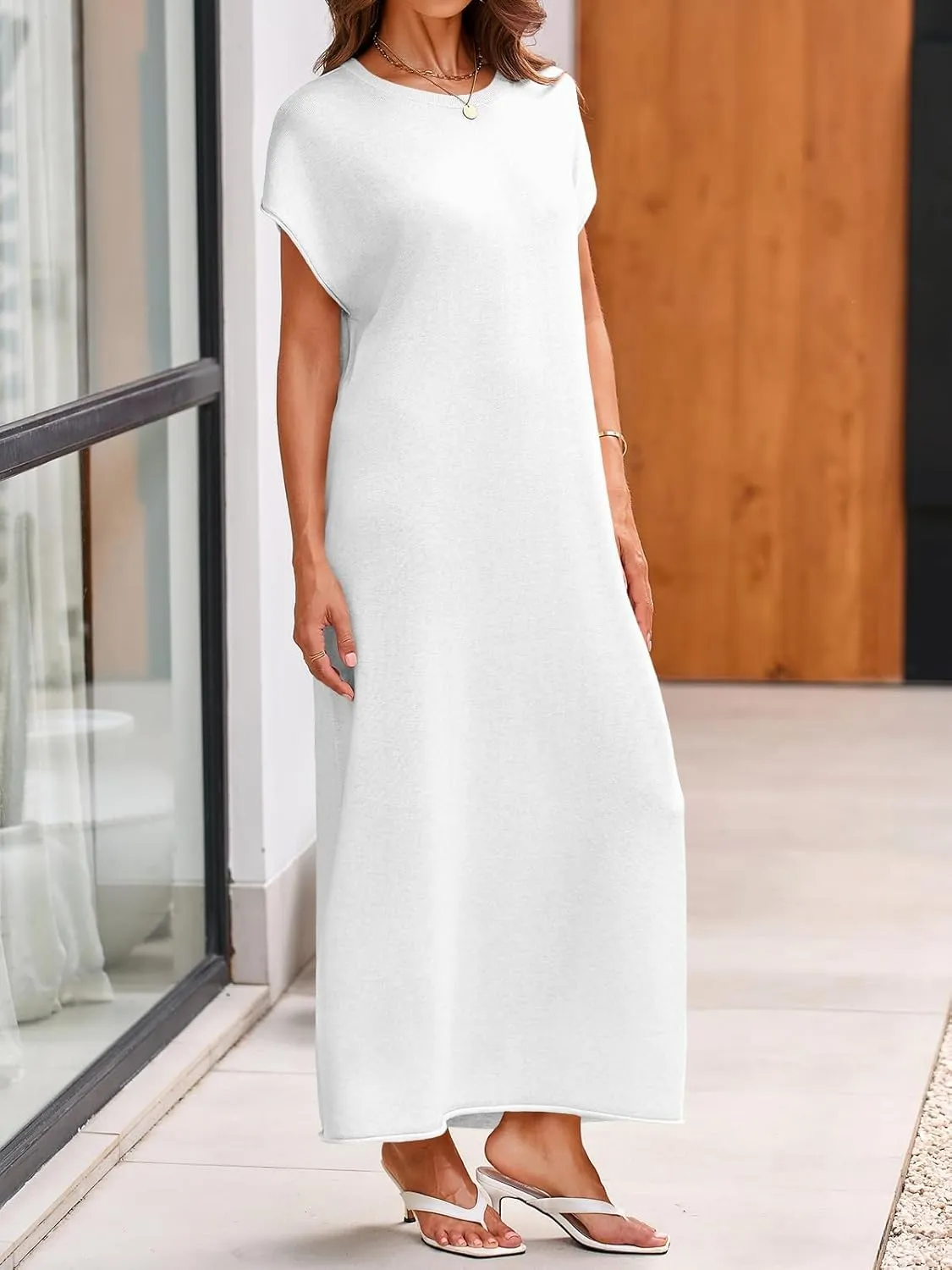Wenrine Womens Casual Short Sleeve Dress Summer Oversized Crewneck Loose Fit Knit Maxi Dresses