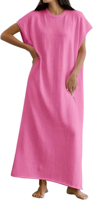 Wenrine Womens Casual Short Sleeve Dress Summer Oversized Crewneck Loose Fit Knit Maxi Dresses