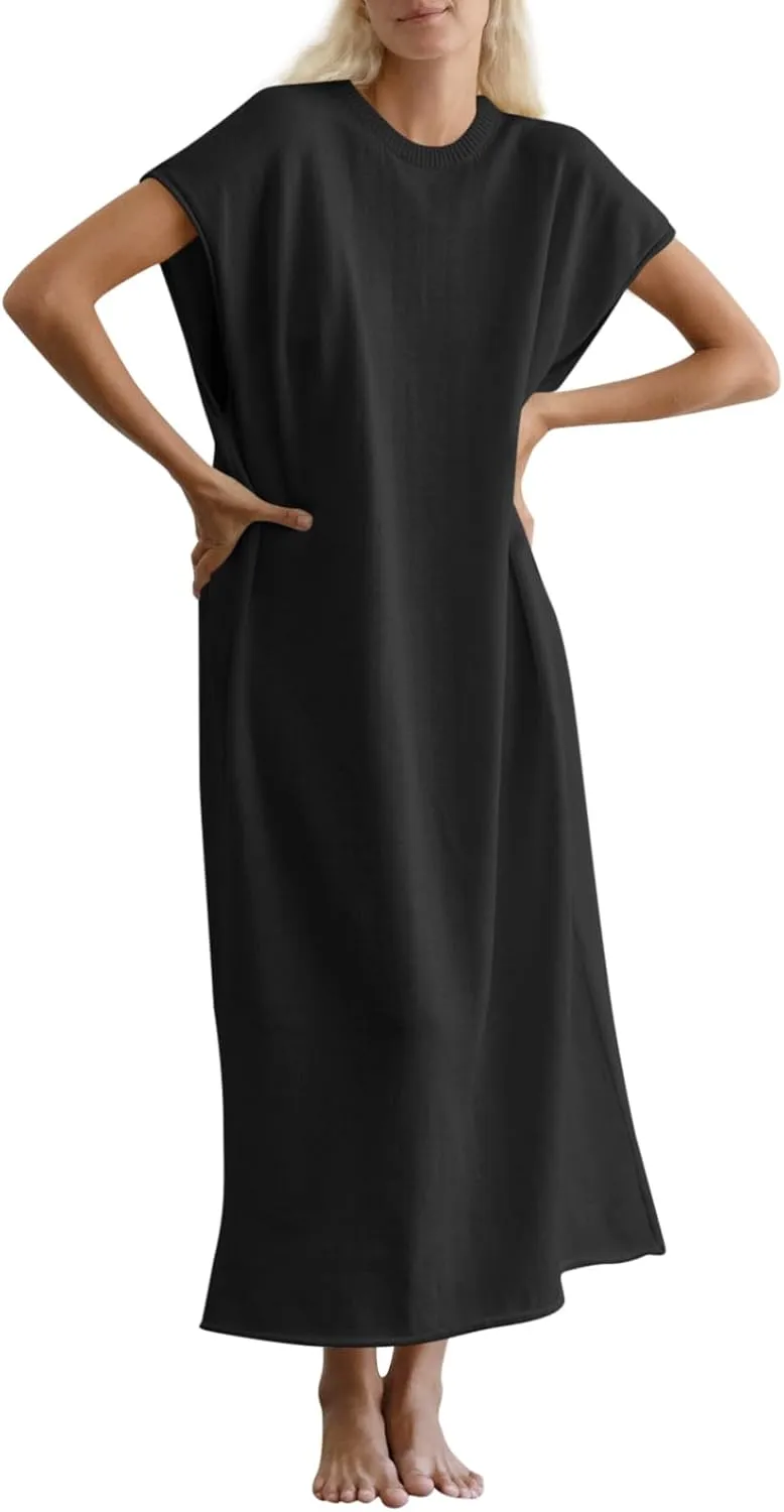 Wenrine Womens Casual Short Sleeve Dress Summer Oversized Crewneck Loose Fit Knit Maxi Dresses