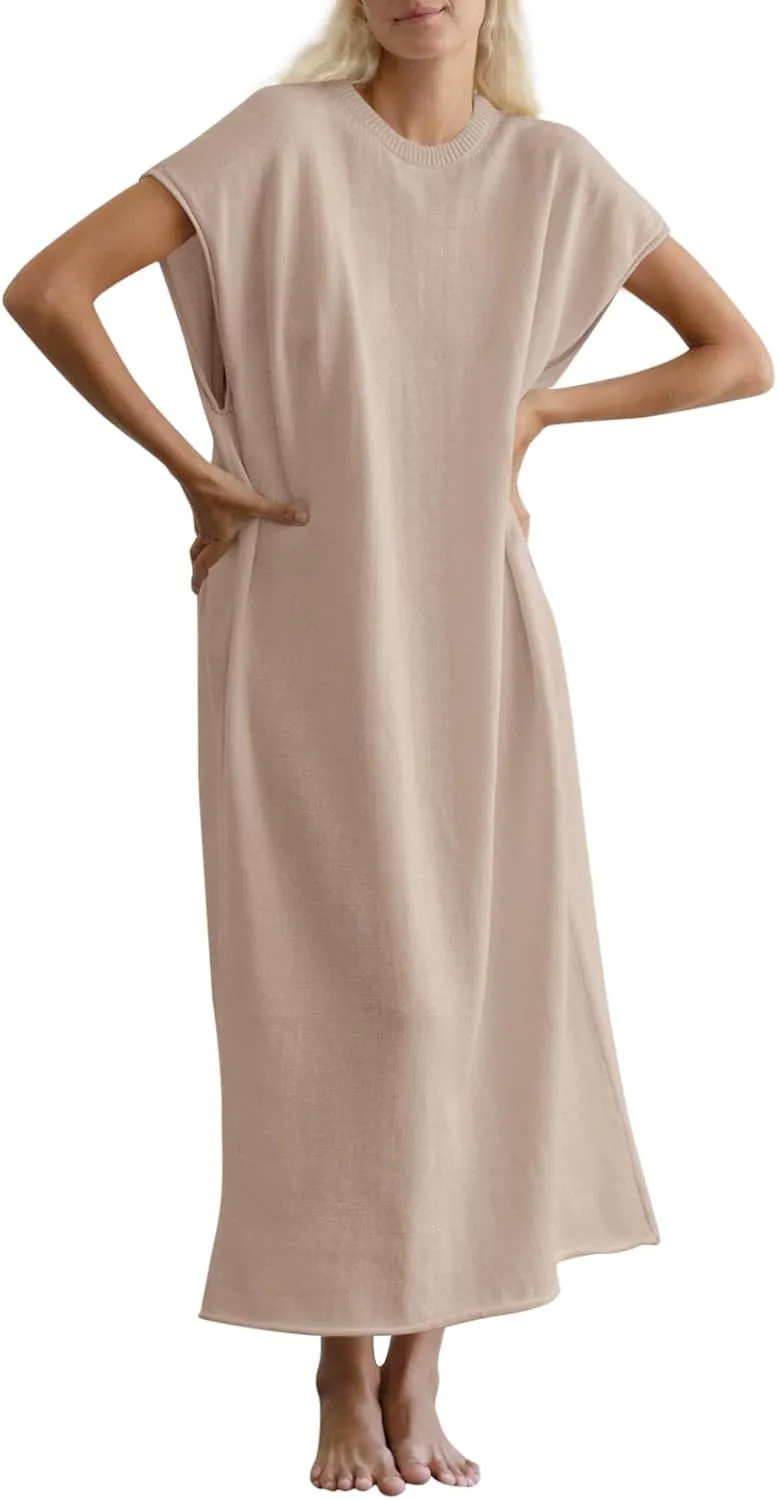 Wenrine Womens Casual Short Sleeve Dress Summer Oversized Crewneck Loose Fit Knit Maxi Dresses