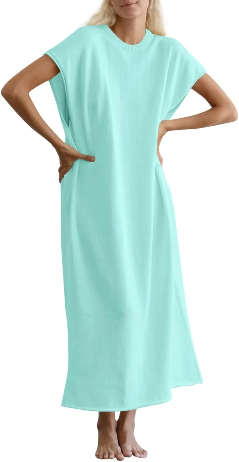 Wenrine Womens Casual Short Sleeve Dress Summer Oversized Crewneck Loose Fit Knit Maxi Dresses