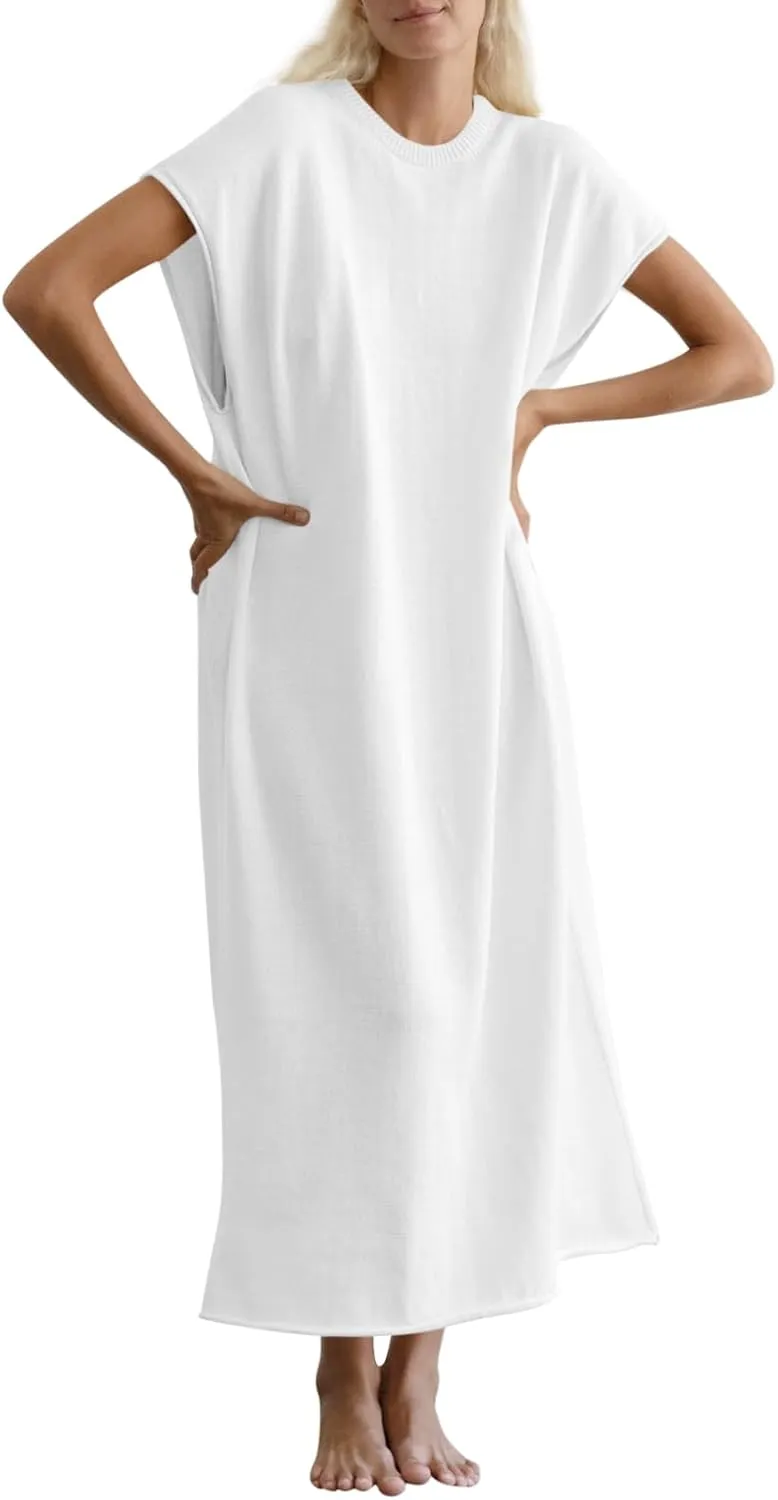 Wenrine Womens Casual Short Sleeve Dress Summer Oversized Crewneck Loose Fit Knit Maxi Dresses