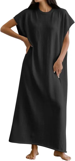 Wenrine Womens Casual Short Sleeve Dress Summer Oversized Crewneck Loose Fit Knit Maxi Dresses