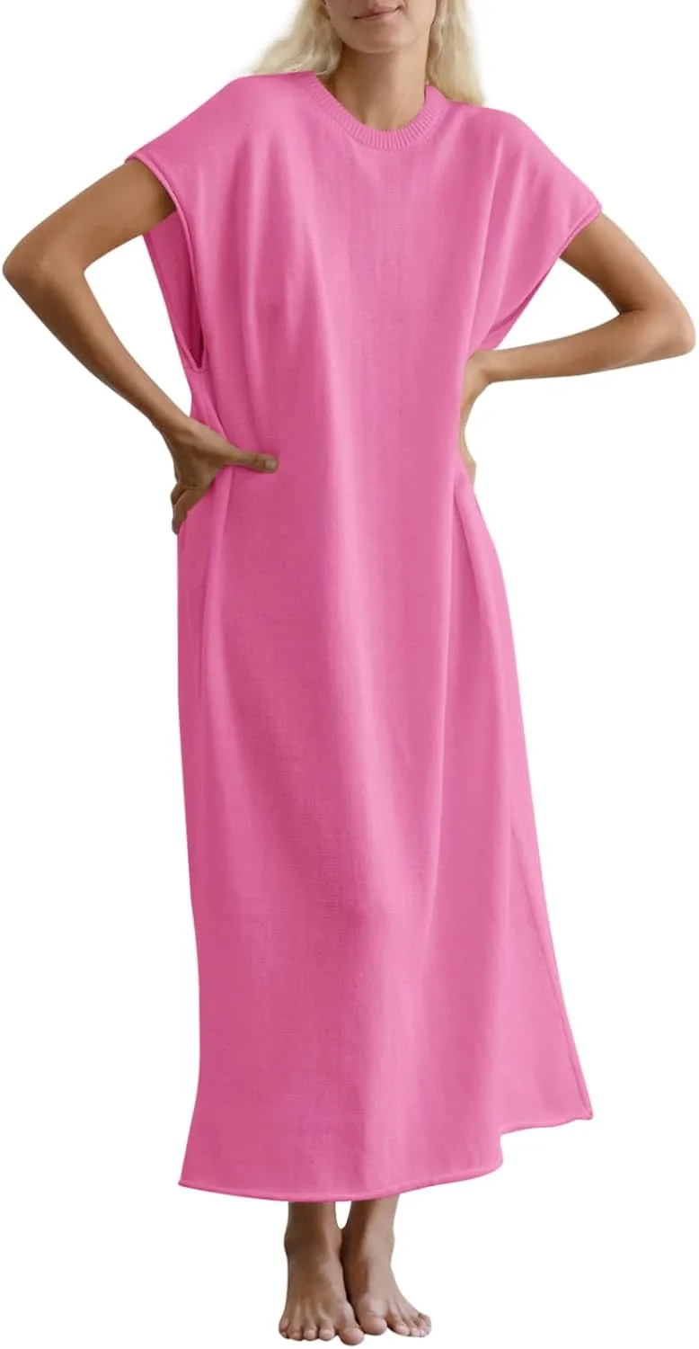 Wenrine Womens Casual Short Sleeve Dress Summer Oversized Crewneck Loose Fit Knit Maxi Dresses