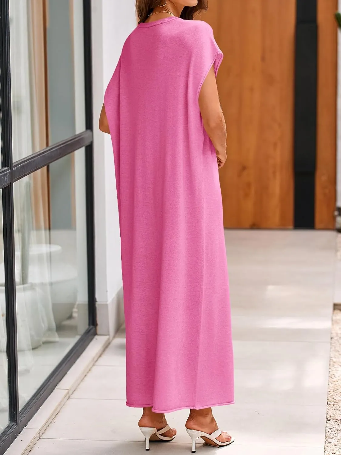 Wenrine Womens Casual Short Sleeve Dress Summer Oversized Crewneck Loose Fit Knit Maxi Dresses