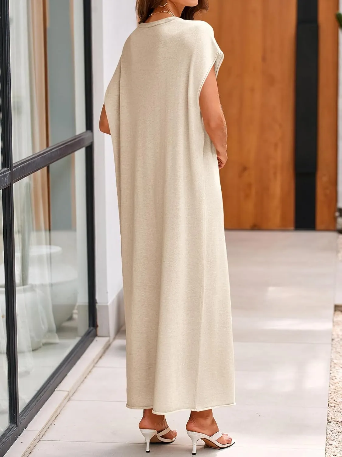 Wenrine Womens Casual Short Sleeve Dress Summer Oversized Crewneck Loose Fit Knit Maxi Dresses