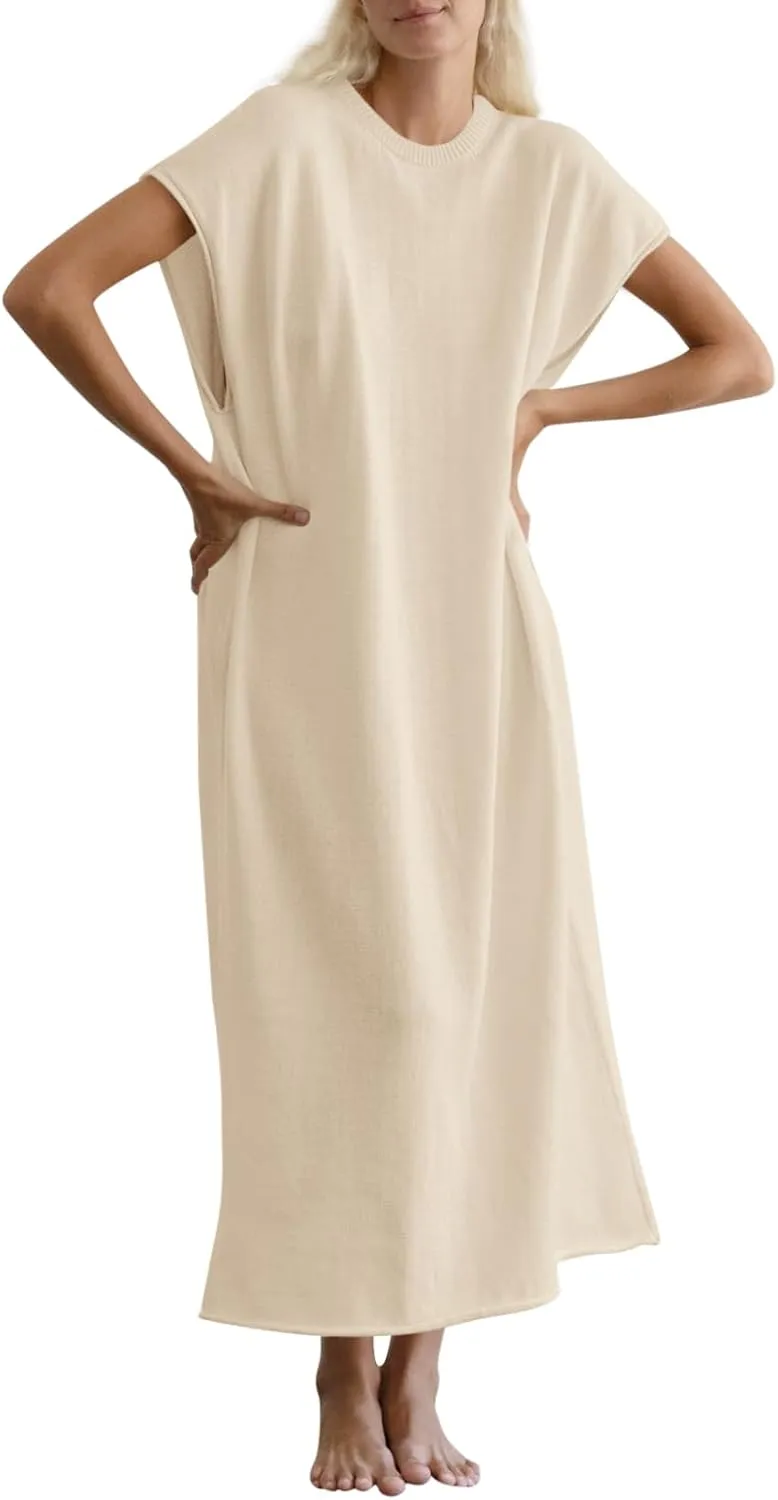 Wenrine Womens Casual Short Sleeve Dress Summer Oversized Crewneck Loose Fit Knit Maxi Dresses